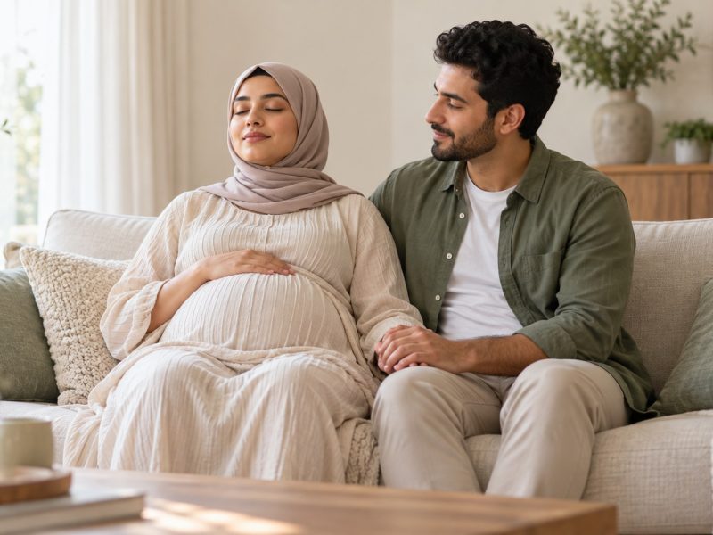 A woman in a headscarf who is 33 weeks pregnant resting on a sofa with her eyes closed as her partner holds her hand