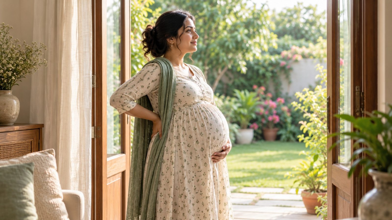 A woman who is 34 weeks pregnant standing in an open garden doorway with one hand on her lower back