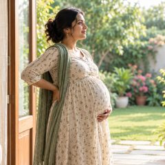 A woman who is 34 weeks pregnant standing in an open garden doorway with one hand on her lower back