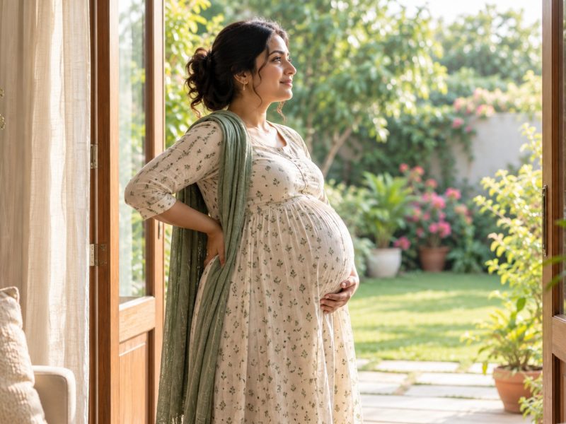 A woman who is 34 weeks pregnant standing in an open garden doorway with one hand on her lower back