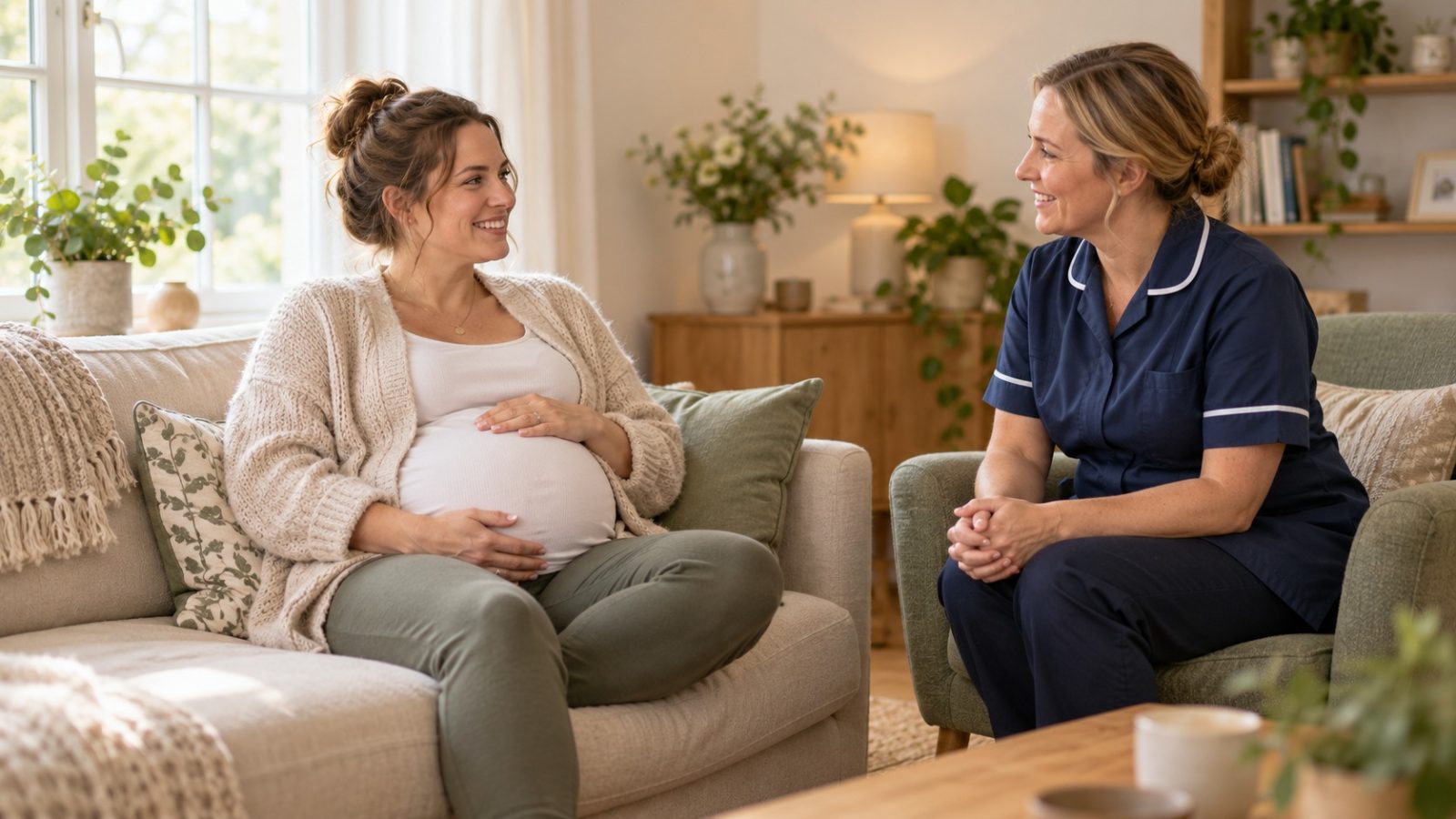 A woman who is 35 weeks pregnant chatting on a sofa with a midwife in a navy tunic seated opposite