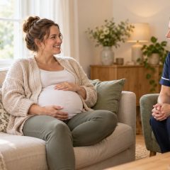 A woman who is 35 weeks pregnant chatting on a sofa with a midwife in a navy tunic seated opposite