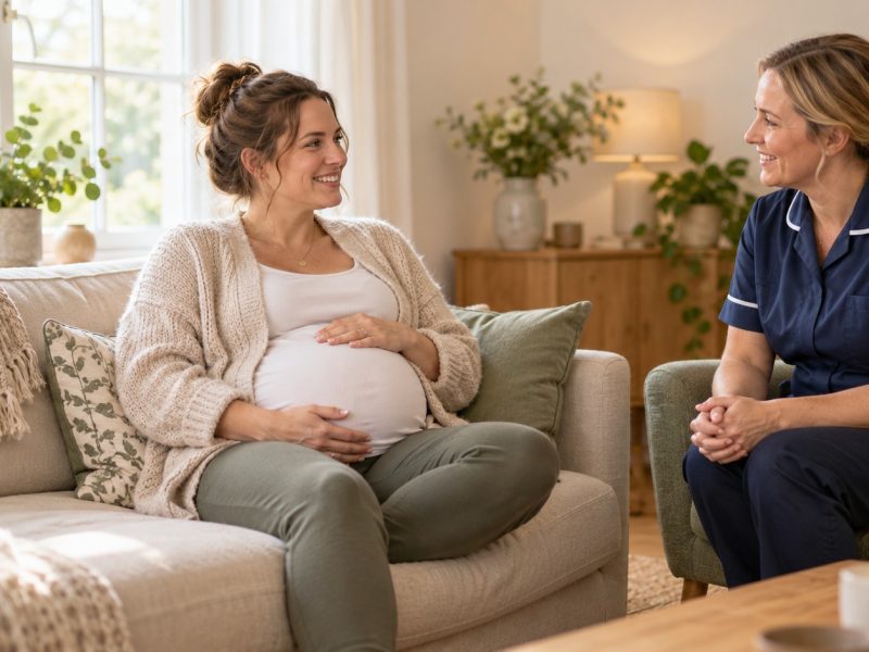 A woman who is 35 weeks pregnant chatting on a sofa with a midwife in a navy tunic seated opposite
