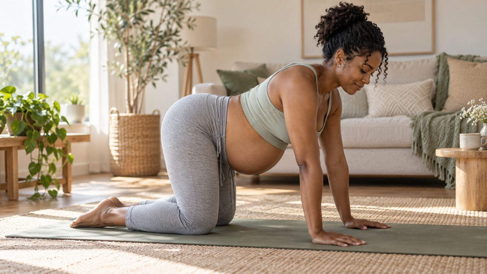A woman who is 36 weeks pregnant on her hands and knees on a yoga mat in a sunlit living room