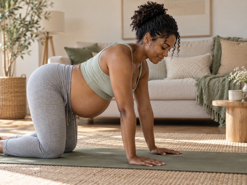 A woman who is 36 weeks pregnant on her hands and knees on a yoga mat in a sunlit living room