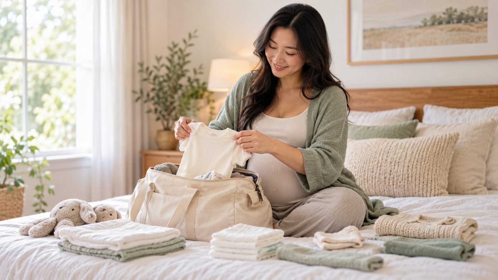 A woman who is 37 weeks pregnant packing folded baby clothes into a canvas bag on her bed