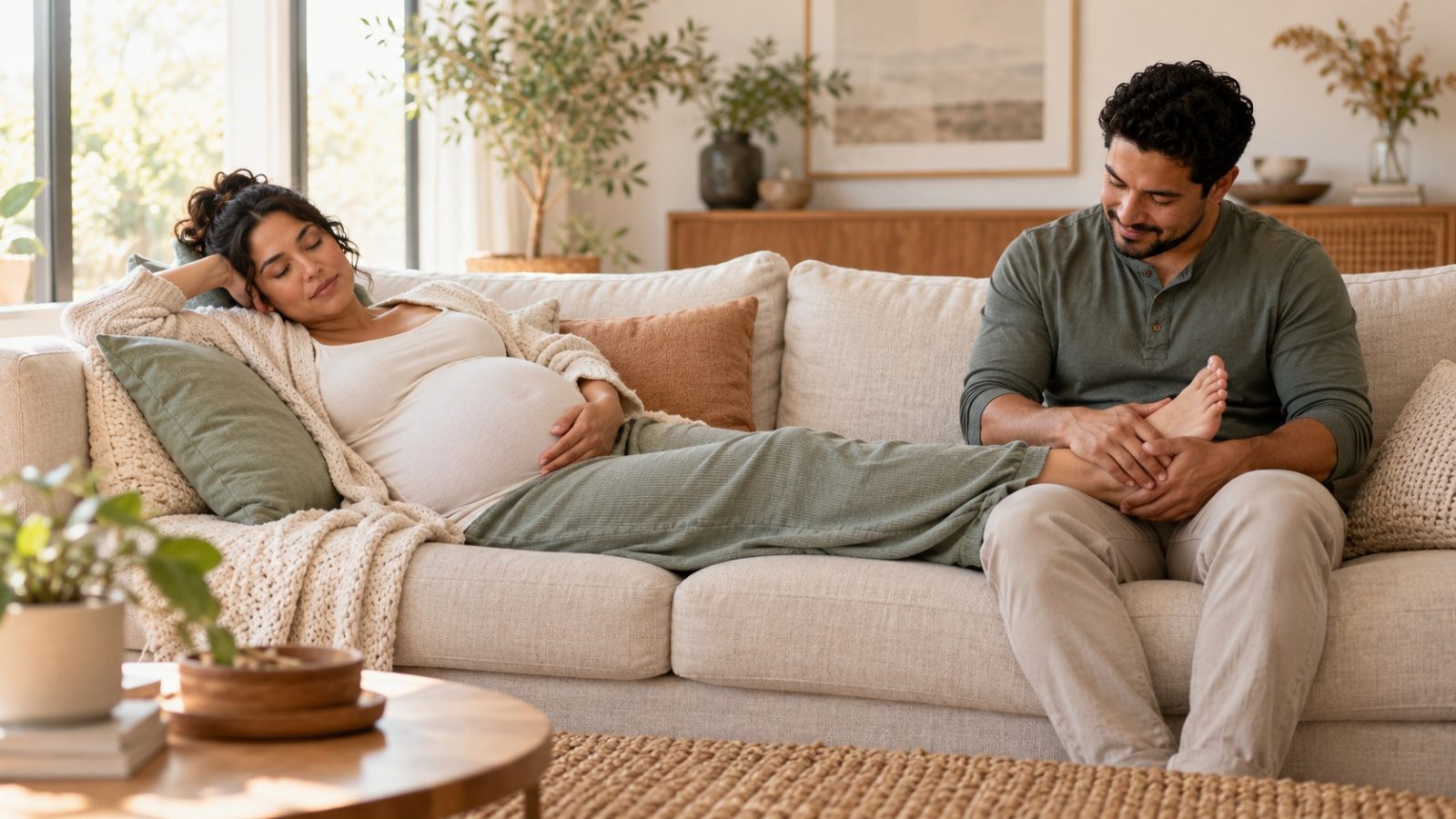 A woman who is 38 weeks pregnant resting on a sofa with her eyes closed as her partner rubs her feet