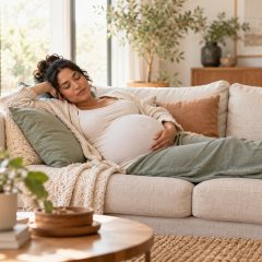 A woman who is 38 weeks pregnant resting on a sofa with her eyes closed as her partner rubs her feet