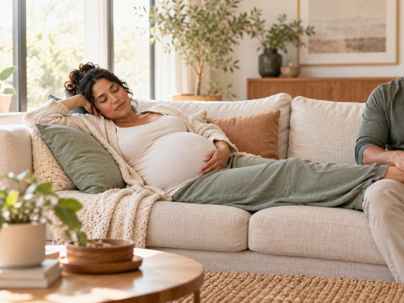 A woman who is 38 weeks pregnant resting on a sofa with her eyes closed as her partner rubs her feet