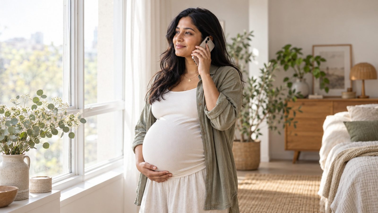 A woman who is 39 weeks pregnant standing by a bright window on the phone, one hand under her bump