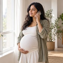 A woman who is 39 weeks pregnant standing by a bright window on the phone, one hand under her bump