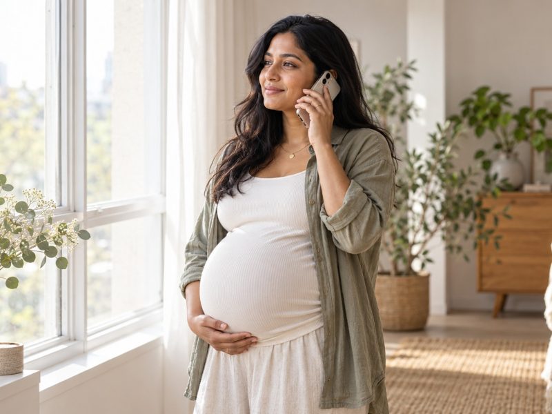 A woman who is 39 weeks pregnant standing by a bright window on the phone, one hand under her bump