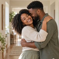 A woman who is 4 weeks pregnant laughing with her eyes closed as her partner hugs her in a sunlit hallway
