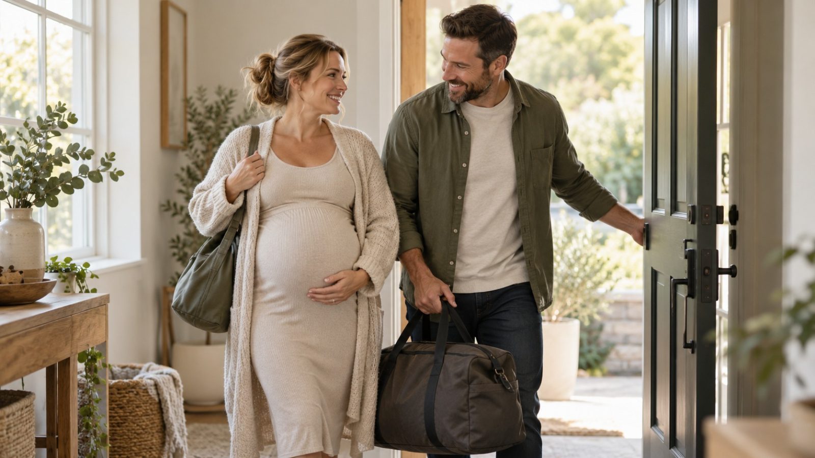 A woman who is 40 weeks pregnant heading out the front door with her partner, who carries a duffel bag