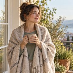 A woman who is 5 weeks pregnant wrapped in a blanket at an open balcony door, holding a mug