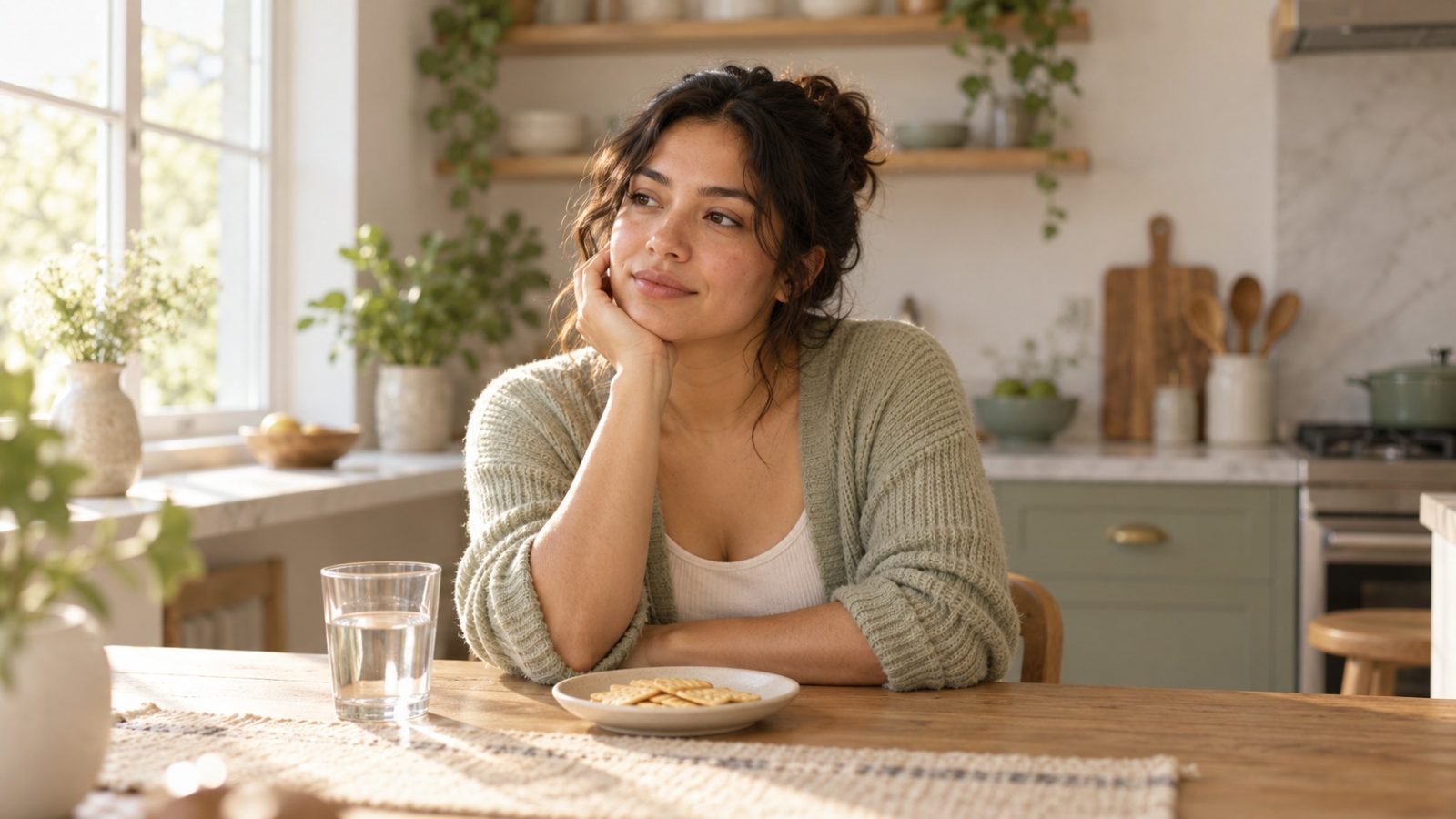 A woman who is 6 weeks pregnant resting her chin in her hand at a kitchen table with crackers and a glass of water
