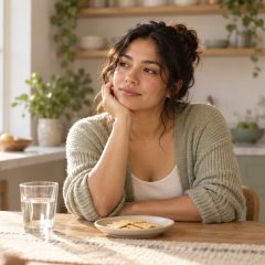 A woman who is 6 weeks pregnant resting her chin in her hand at a kitchen table with crackers and a glass of water