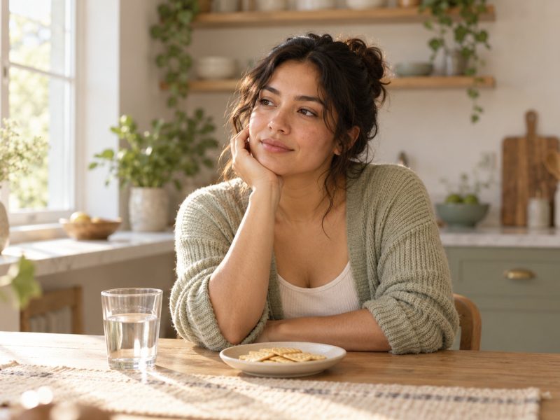 A woman who is 6 weeks pregnant resting her chin in her hand at a kitchen table with crackers and a glass of water