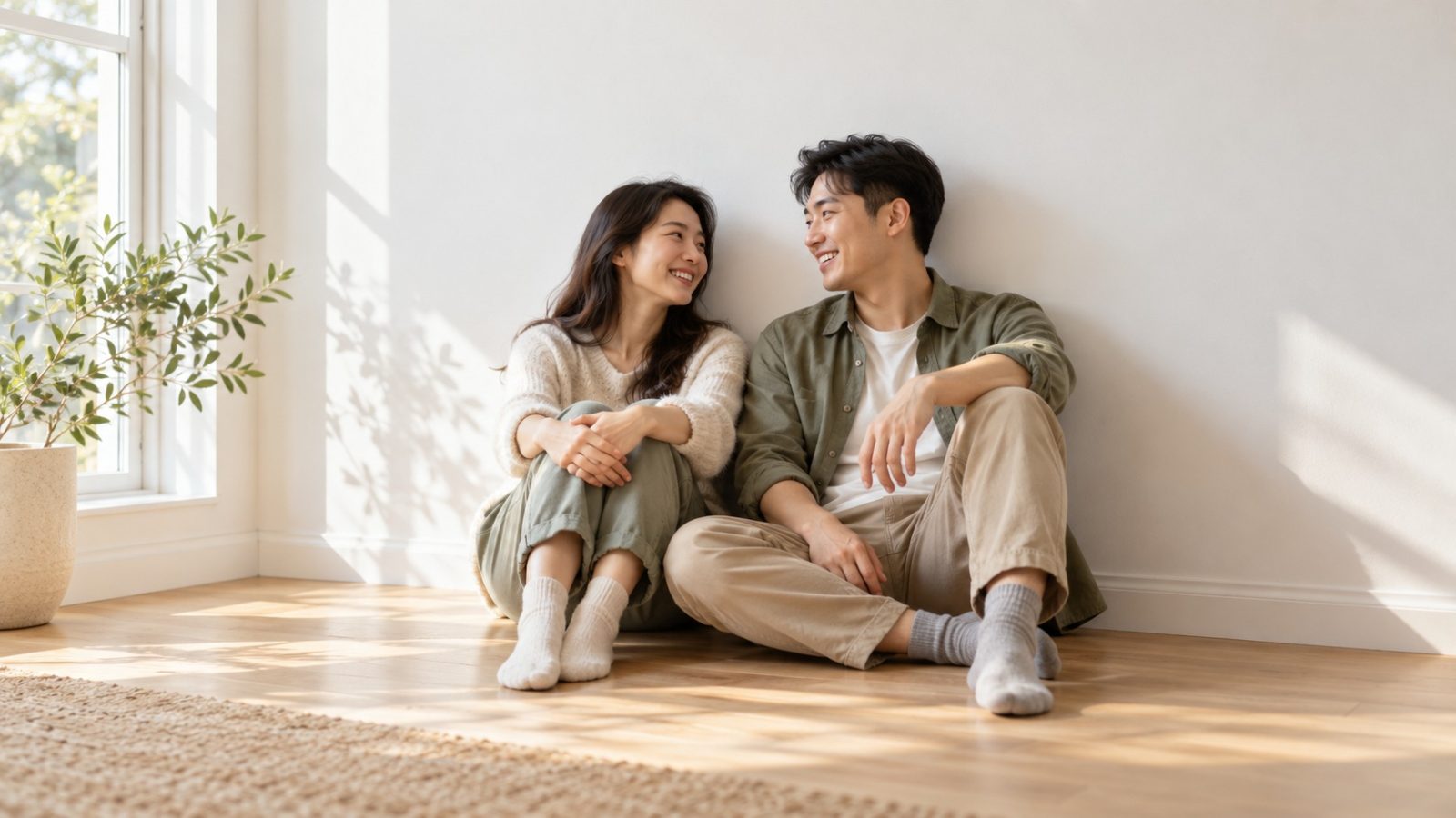 A woman who is 7 weeks pregnant sitting with her partner on the floor of an empty sunlit room, smiling at each other