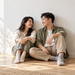 A woman who is 7 weeks pregnant sitting with her partner on the floor of an empty sunlit room, smiling at each other
