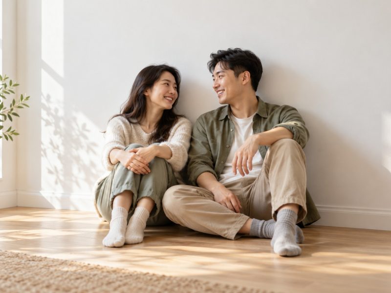 A woman who is 7 weeks pregnant sitting with her partner on the floor of an empty sunlit room, smiling at each other