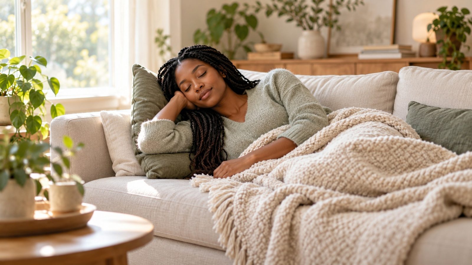 A woman who is 8 weeks pregnant napping on a sofa under a knitted throw