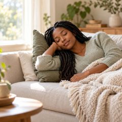 A woman who is 8 weeks pregnant napping on a sofa under a knitted throw