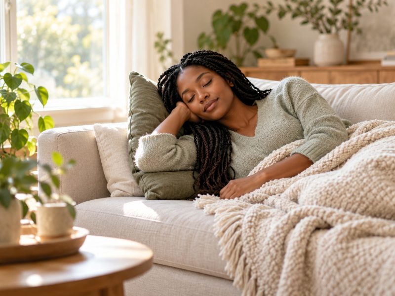 A woman who is 8 weeks pregnant napping on a sofa under a knitted throw