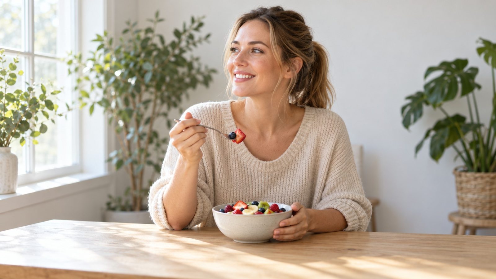 A woman who is 9 weeks pregnant eating a bowl of fresh fruit at a wooden table by a window
