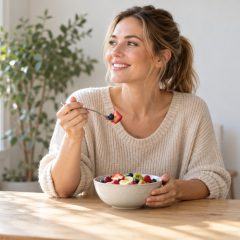 A woman who is 9 weeks pregnant eating a bowl of fresh fruit at a wooden table by a window