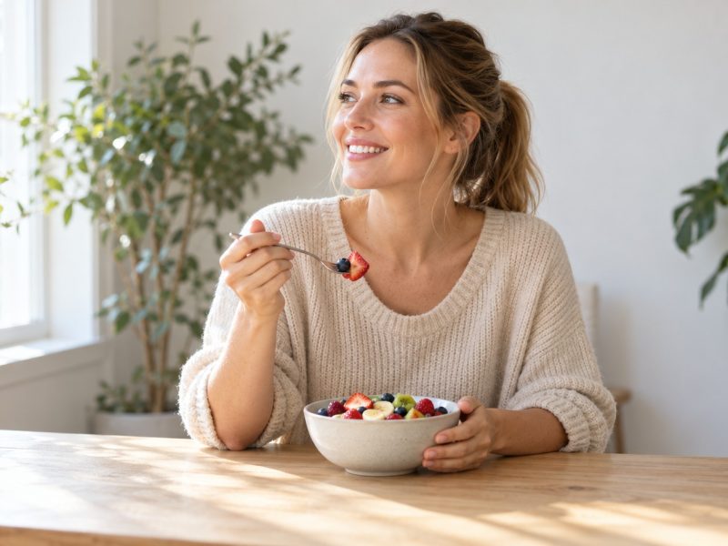 A woman who is 9 weeks pregnant eating a bowl of fresh fruit at a wooden table by a window